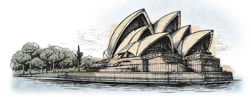 Black and white sketch of the Sydney Opera House with surrounding trees and waterfront.