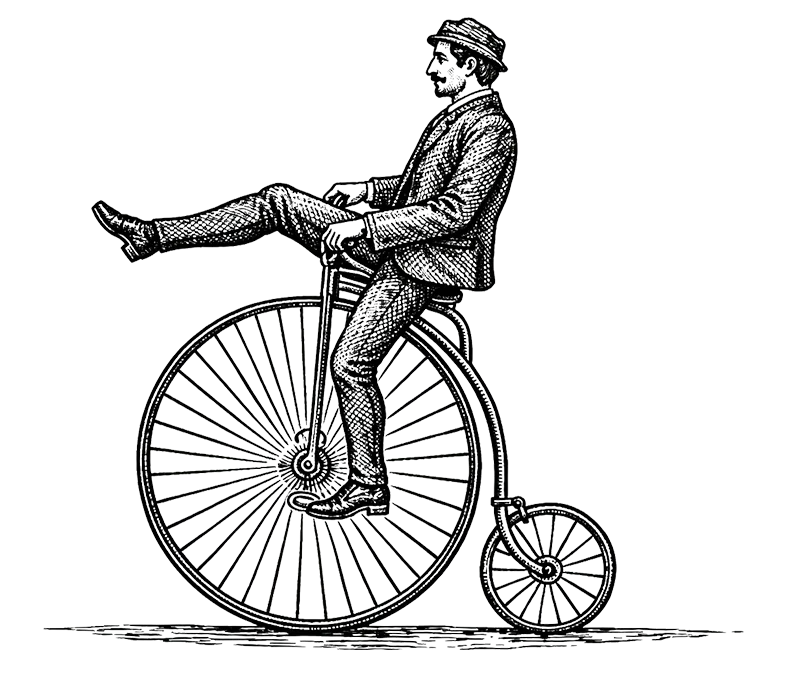 Vintage illustration of a man in a suit and hat riding a penny-farthing bicycle with one leg extended forward.